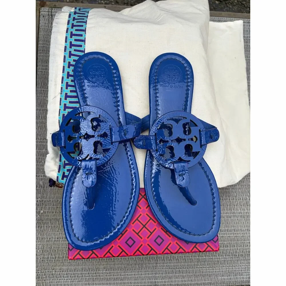 Tory Burch Miller Naplak Patent Leather Sandal Nautical Blue Thong Flat 6.5